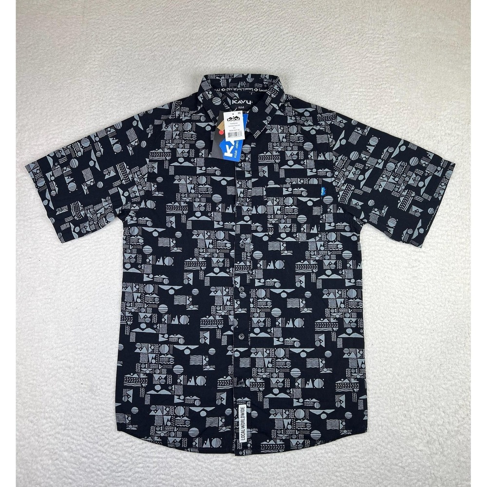 KAVU Shirt Mens XS Black Festaruski Upmost Summit Short Sleeve Button Up NEW